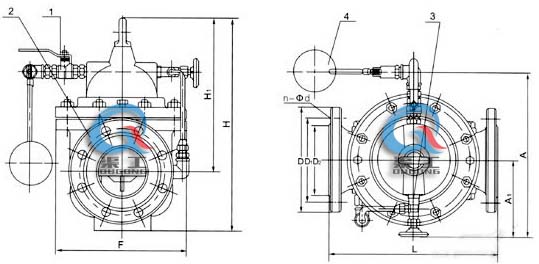 100X遙控浮球閥 外形結(jié)構(gòu)圖 (1、球閥 2、主閥 3、針閥 4、浮球閥)