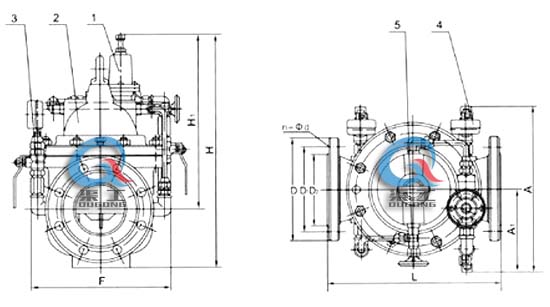 200X減壓穩(wěn)壓閥 外形結(jié)構(gòu)圖 (1、導(dǎo)閥 2、主閥 3、球閥 4、壓力表 5、針表 )